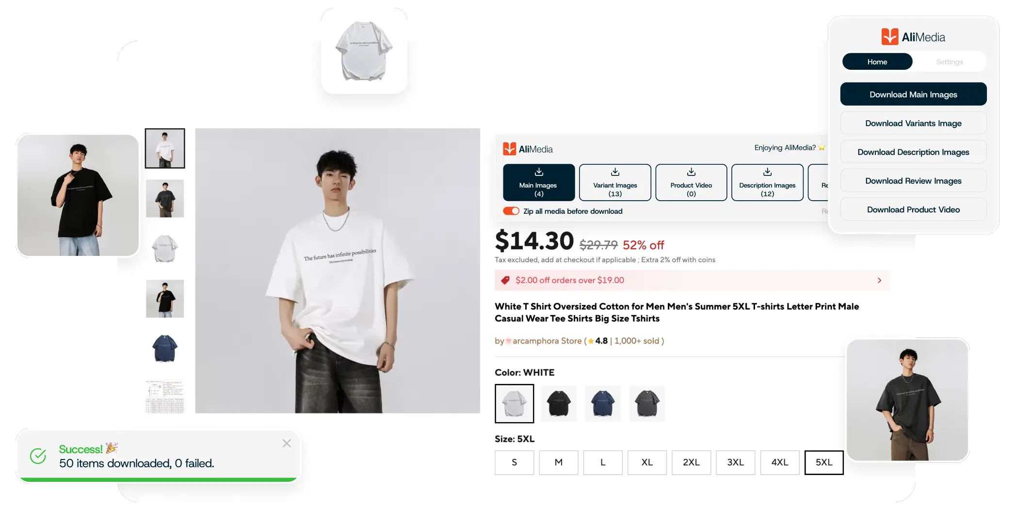 AliMedia Chrome Extension screenshot showing image and video download features